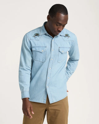 Pendleton Woolen Mills PENDLETON Salmon Embroidered Denim Gambler Shirt - Light Blue — Mens (view 2) | Après Sea Ranch