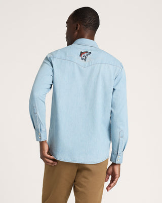 Pendleton Woolen Mills PENDLETON Salmon Embroidered Denim Gambler Shirt - Light Blue — Mens (view 4) | Après Sea Ranch