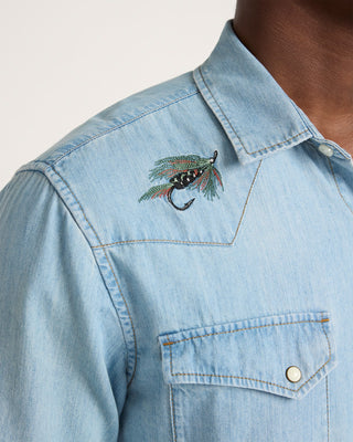 Pendleton Woolen Mills PENDLETON Salmon Embroidered Denim Gambler Shirt - Light Blue — Mens (view 6) | Après Sea Ranch