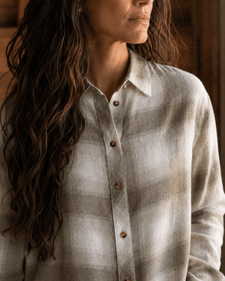 Thread & Supply Daphne Long Sleeve Button-Up Shirt-Peach Taupe Plaid (view 3) | Après Sea Ranch