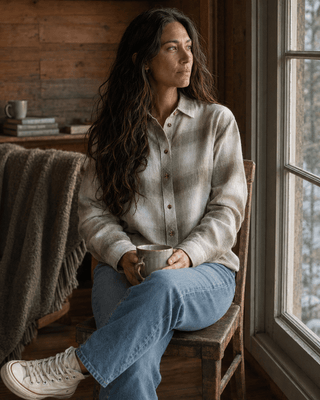 Thread & Supply Daphne Long Sleeve Button-Up Shirt-Peach Taupe Plaid (view 2) | Après Sea Ranch