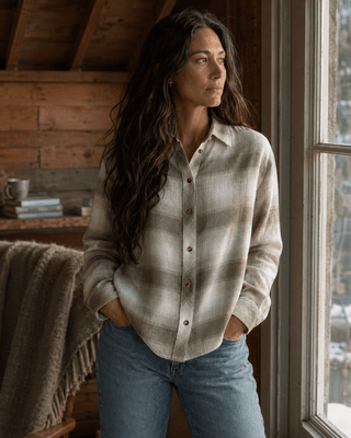 Thread & Supply Daphne Long Sleeve Button-Up Shirt-Peach Taupe Plaid | Après Sea Ranch