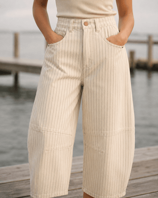 Ecru Pinstripe Barrel Pant (view 2) | Après Sea Ranch