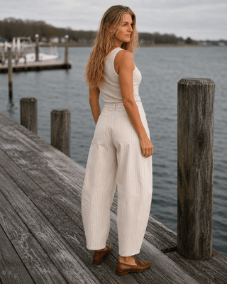 Ecru Pinstripe Barrel Pant (view 3) | Après Sea Ranch