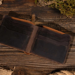 American Leather Goods Genuine Leather Bi-Fold Wallet in Dark Brown | The Salty Babe