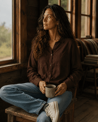 Thread & Supply Ginger Long Sleeve Button-Up Shirt- Deep Mahogany (view 2) | Après Sea Ranch