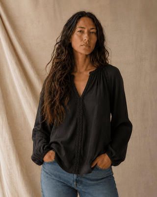 Huckleberry Braided Trim Blouse-Black Sands — Long Sleeve Tops (view 4) | Après Sea Ranch