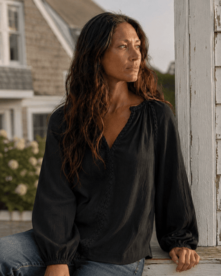 Huckleberry Braided Trim Blouse-Black Sands — Long Sleeve Tops (view 2) | Après Sea Ranch