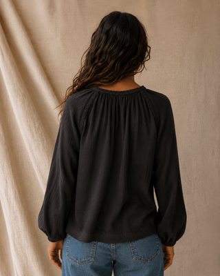 Huckleberry Braided Trim Blouse-Black Sands — Long Sleeve Tops (view 6) | Après Sea Ranch