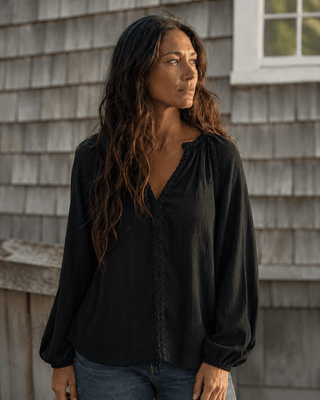 Huckleberry Braided Trim Blouse-Black Sands — Long Sleeve Tops | Après Sea Ranch