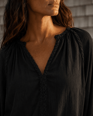 Huckleberry Braided Trim Blouse-Black Sands — Long Sleeve Tops (view 3) | Après Sea Ranch