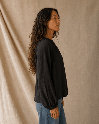 Huckleberry Braided Trim Blouse-Black Sands — Long Sleeve Tops (view 5) | Après Sea Ranch