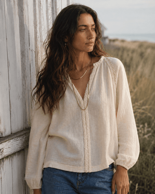 Huckleberry Braided Trim Blouse-Ecru — Long Sleeve Tops (view 2) | Après Sea Ranch