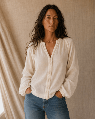 Huckleberry Braided Trim Blouse-Ecru — Long Sleeve Tops (view 4) | Après Sea Ranch
