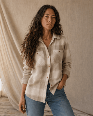Thread & Supply Lewis Flannel Shirt- Sand Taupe Plaid (view 4) | Après Sea Ranch