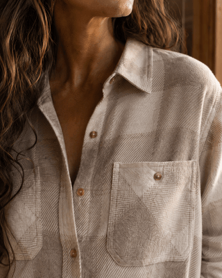 Thread & Supply Lewis Flannel Shirt- Sand Taupe Plaid (view 3) | Après Sea Ranch