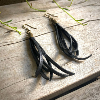 ASTALI Mini Tassel Earrings - Black, Western Short Leather Earrings (view 3) | The Salty Babe