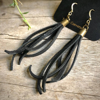 ASTALI Mini Tassel Earrings - Black, Western Short Leather Earrings (view 7) | The Salty Babe