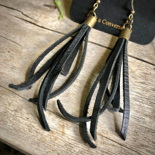 ASTALI Mini Tassel Earrings - Black, Western Short Leather Earrings (view 5) | The Salty Babe