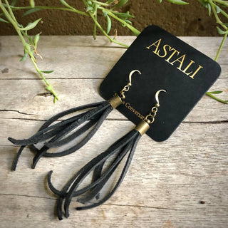 ASTALI Mini Tassel Earrings - Black, Western Short Leather Earrings (view 2) | The Salty Babe