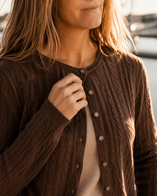 The Habor Cable Knit Cardigan in Dark Brown | Après Sea Ranch